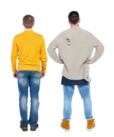 Back view of two man in sweater pointing. Rear view people collection. backside view of person. Isolated over white background.の写真素材