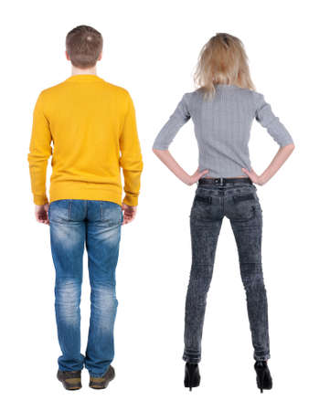 Back view couple in sweater. beautiful man and woman. Rear view people collection. backside view of person. Isolated over white background.の写真素材
