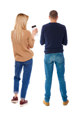 Back view couple in sweater. beautiful man and woman. Rear view people collection. backside view of person. Isolated over white background.の写真素材