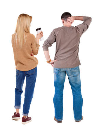 Back view couple in sweater. beautiful man and woman. Rear view people collection. backside view of person. Isolated over white background.の写真素材