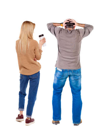 Back view couple in sweater. beautiful man and woman. Rear view people collection. backside view of person. Isolated over white background.の写真素材