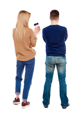 Back view couple in sweater. beautiful man and woman. Rear view people collection. backside view of person. Isolated over white background.の写真素材