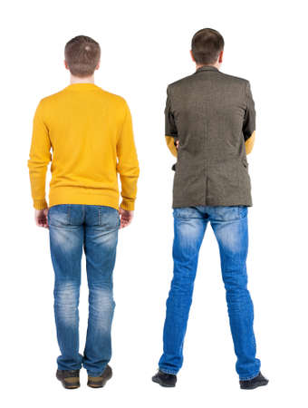 Back view of two man in sweater pointing. Rear view people collection. backside view of person. Isolated over white background.の写真素材