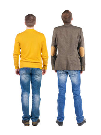 Back view of two man in sweater pointing. Rear view people collection. backside view of person. Isolated over white background.の写真素材