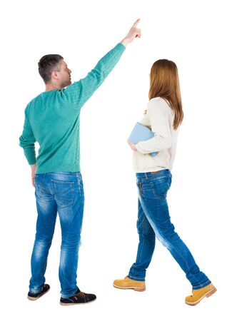 Back view couple in sweater. beautiful man and woman. Rear view people collection. backside view of person. Isolated over white background.の写真素材