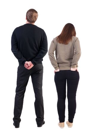Back view couple in sweater. beautiful man and woman. Rear view people collection. backside view of person. Isolated over white background.の写真素材