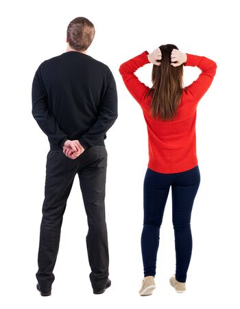 Back view couple in sweater. beautiful man and woman. Rear view people collection. backside view of person. Isolated over white background.の写真素材