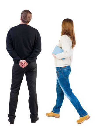 Back view couple in sweater. beautiful man and woman. Rear view people collection. backside view of person. Isolated over white background.の写真素材