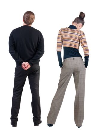 Back view couple in sweater. beautiful man and woman. Rear view people collection. backside view of person. Isolated over white background.の写真素材
