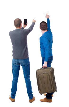 Back view of two man in sweater with mobile phone. Rear view people collection. backside view of person. Isolated over white background.の写真素材