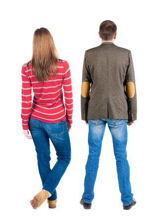 Back view couple in sweater. beautiful man and woman. Rear view people collection. backside view of person. Isolated over white background.の写真素材