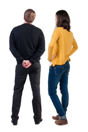 Back view couple in sweater. beautiful man and woman. Rear view people collection. backside view of person. Isolated over white background.の写真素材