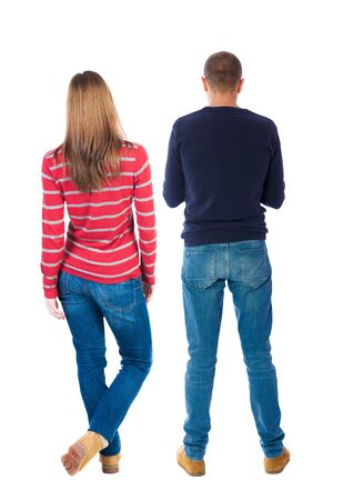 Back view couple in sweater. beautiful man and woman. Rear view people collection. backside view of person. Isolated over white background.の写真素材