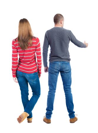 Back view couple in sweater. beautiful man and woman. Rear view people collection. backside view of person. Isolated over white background.の写真素材