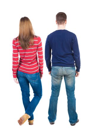 Back view couple in sweater. beautiful man and woman. Rear view people collection. backside view of person. Isolated over white background.の写真素材