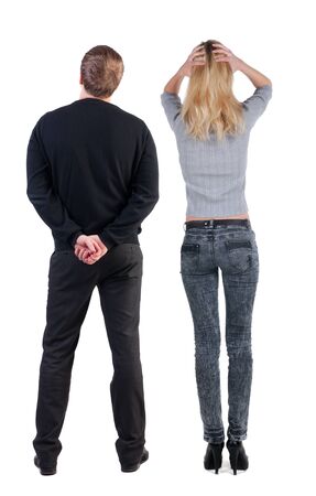 Back view couple in sweater. beautiful man and woman. Rear view people collection. backside view of person. Isolated over white background.の写真素材