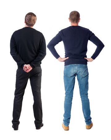 Back view of two man in sweater pointing. Rear view people collection. backside view of person. Isolated over white background.の写真素材