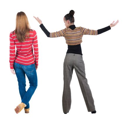 Back view couple in sweater. beautiful man and woman. Rear view people collection. backside view of person. Isolated over white background.の写真素材