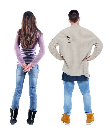 Back view couple in sweater. beautiful man and woman. Rear view people collection. backside view of person. Isolated over white background.の写真素材
