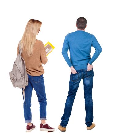 Back view couple in sweater. beautiful man and woman. Rear view people collection. backside view of person. Isolated over white background.の写真素材