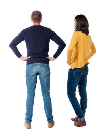 Back view couple in sweater. beautiful man and woman. Rear view people collection. backside view of person. Isolated over white background.の写真素材