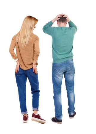 Back view couple in sweater. beautiful man and woman. Rear view people collection. backside view of person. Isolated over white background.の写真素材