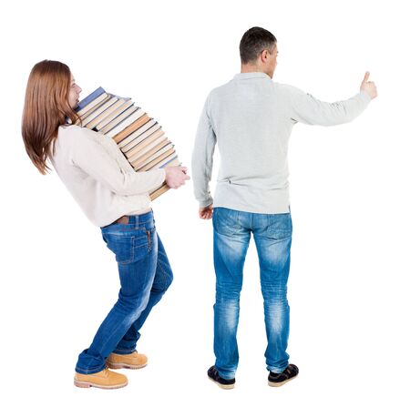 Back view of couple in sweater showing thumbs up. beautiful woman and man together. Rear view people collection. backside view of person. Isolated over white background.の写真素材