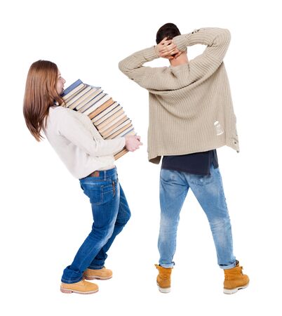 Back view couple in sweater. beautiful man and woman. Rear view people collection. backside view of person. Isolated over white background.の写真素材