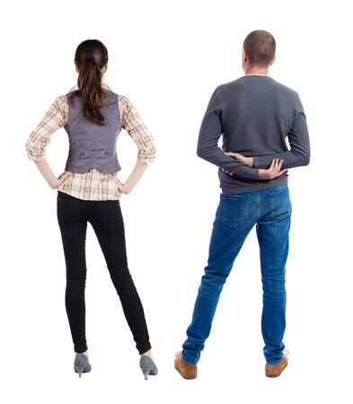 Back view couple in sweater. beautiful man and woman. Rear view people collection. backside view of person. Isolated over white background.の写真素材