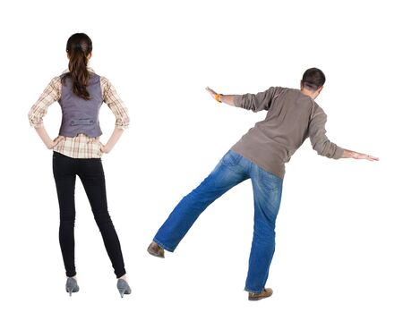 Back view couple in sweater. beautiful man and woman. Rear view people collection. backside view of person. Isolated over white background.の写真素材