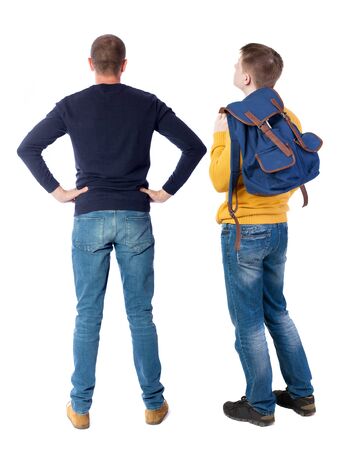 Back view of two man in sweater pointing. Rear view people collection. backside view of person. Isolated over white background.の写真素材