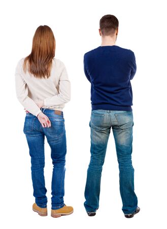 Back view couple in sweater. beautiful man and woman. Rear view people collection. backside view of person. Isolated over white background.の写真素材