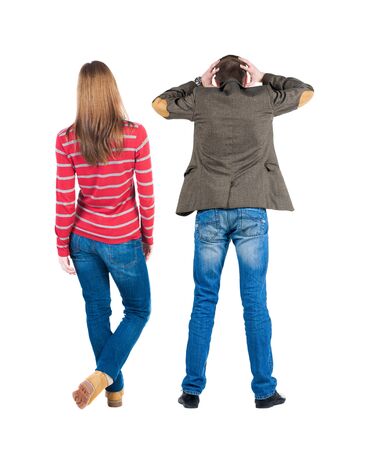 Back view couple in sweater. beautiful man and woman. Rear view people collection. backside view of person. Isolated over white background.の写真素材