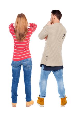 Back view couple in sweater. beautiful man and woman. Rear view people collection. backside view of person. Isolated over white background.の写真素材
