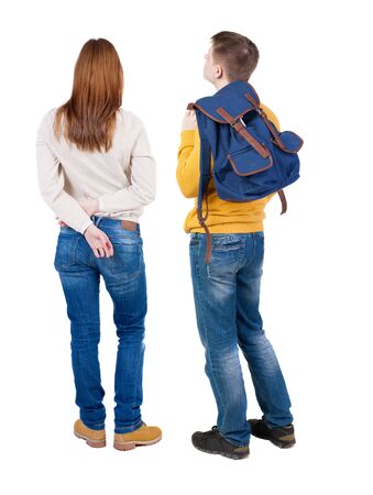 Back view couple in sweater. beautiful man and woman. Rear view people collection. backside view of person. Isolated over white background.の写真素材