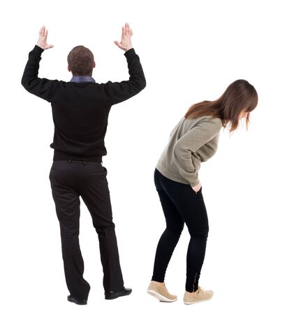 Back view couple in sweater. beautiful man and woman. Rear view people collection. backside view of person. Isolated over white background.の写真素材