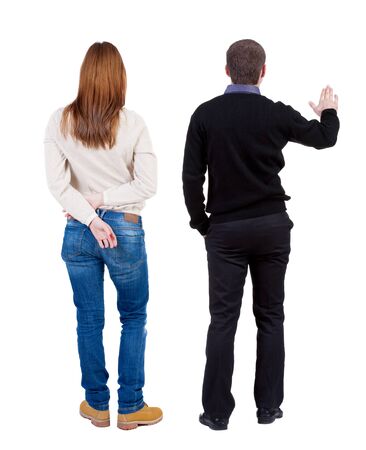 Back view couple in sweater. beautiful man and woman. Rear view people collection. backside view of person. Isolated over white background.の写真素材