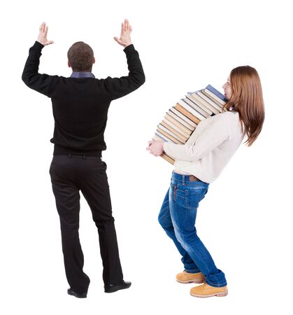 Back view couple in sweater. beautiful man and woman. Rear view people collection. backside view of person. Isolated over white background.の写真素材