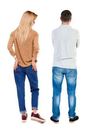 Back view couple in sweater. beautiful man and woman. Rear view people collection. backside view of person. Isolated over white background.の写真素材
