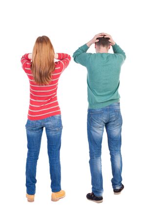 Back view couple in sweater. beautiful man and woman. Rear view people collection. backside view of person. Isolated over white background.の写真素材