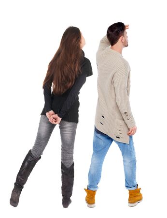 Back view couple in sweater. beautiful man and woman. Rear view people collection. backside view of person. Isolated over white background.の写真素材