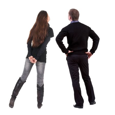 Back view couple in sweater. beautiful man and woman. Rear view people collection. backside view of person. Isolated over white background.の写真素材