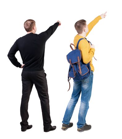 Back view of two man in sweater pointing. Rear view people collection. backside view of person. Isolated over white background.の写真素材