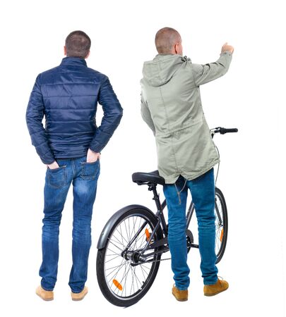 Back view of two man on a bicycle in winter jacket. Rear view people collection. backside view of person. Isolated over white background.の写真素材