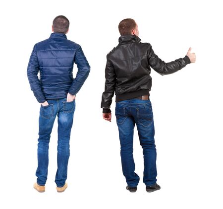 Back view of two man in winter jacket showing thumb up. Rear view people collection. backside view of person. Isolated over white background.の写真素材