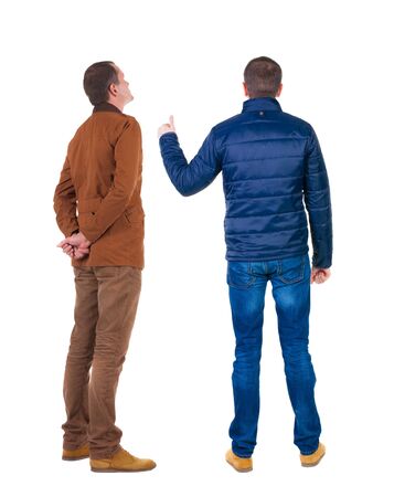 Back view of two man in winter jacket showing thumb up. Rear view people collection. backside view of person. Isolated over white background.の写真素材