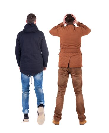 Back view of couple in winter jacket. beautiful friendly girl and guy together. Rear view people collection. backside view of person. Isolated over white background.の写真素材