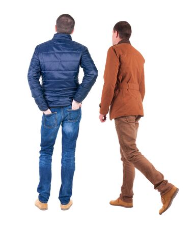 Back view of couple in winter jacket. beautiful friendly girl and guy together. Rear view people collection. backside view of person. Isolated over white background.の写真素材