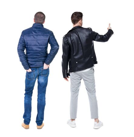 Back view of two man in winter jacket showing thumb up. Rear view people collection. backside view of person. Isolated over white background.の写真素材