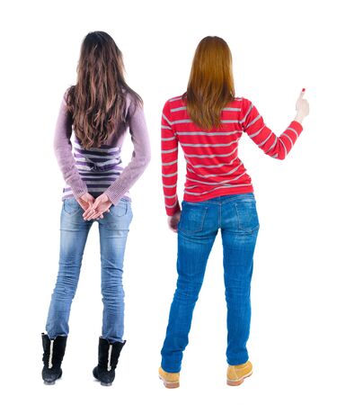 Back view of couple in sweater showing thumbs up. beautiful woman and man together. Rear view people collection. backside view of person. Isolated over white background.の写真素材
